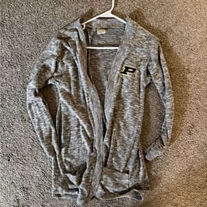 Gray Open-Front Cardigan with Purdue Logo